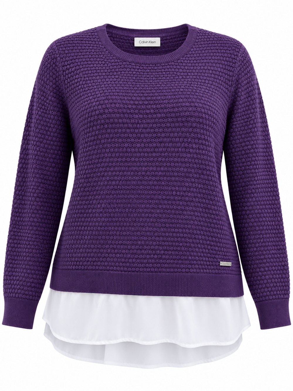 CALVIN KLEIN | Purple Waffle Knit Layered 2 In 1 Shirttail Sweater White Hem | L